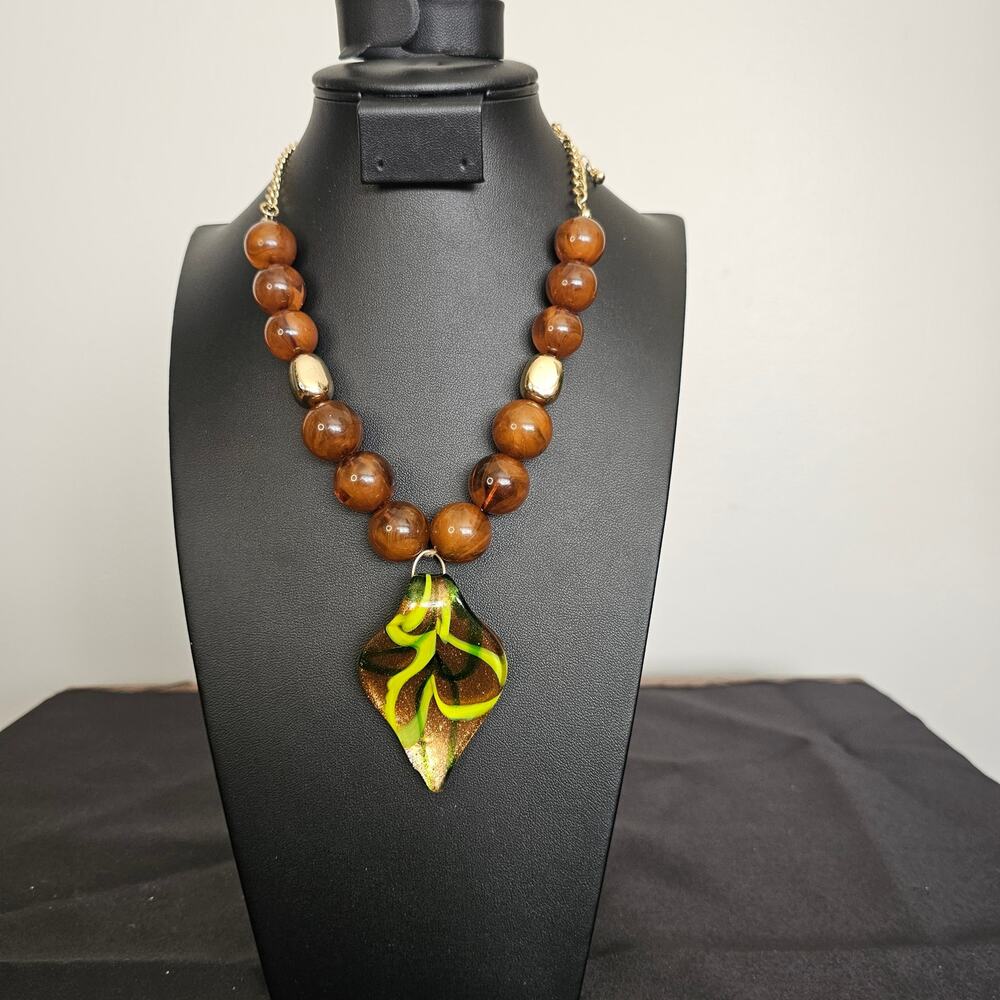 Boho Brown Bead Necklace w/ Handblown Murano-Style Glass Leaf Pendant